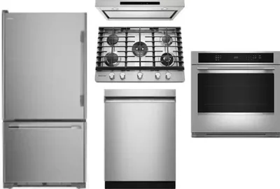 5 Piece Package Includes Refrigerator, Cooktop, Wall Oven, Hood And Dishwasher