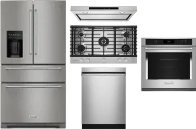 5 Piece Package Includes Refrigerator, Cooktop, Wall Oven, Hood And Dishwasher