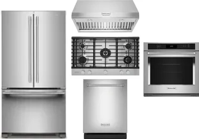 5 Piece Package Includes Refrigerator, Cooktop, Wall Oven, Hood And Dishwasher