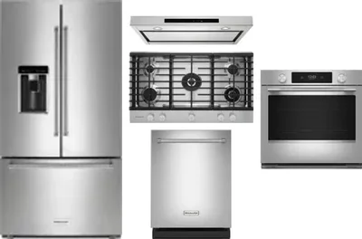 5 Piece Package Includes Refrigerator, Cooktop, Wall Oven, Hood And Dishwasher