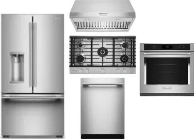 5 Piece Package Includes Refrigerator, Cooktop, Wall Oven, Hood And Dishwasher