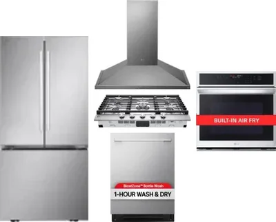 5 Piece Package Includes Refrigerator, Cooktop, Wall Oven, Hood And Dishwasher