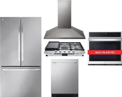5 Piece Package Includes Refrigerator, Cooktop, Wall Oven, Hood And Dishwasher