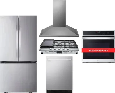 5 Piece Package Includes Refrigerator, Cooktop, Wall Oven, Hood And Dishwasher