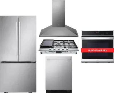 5 Piece Package Includes Refrigerator, Cooktop, Wall Oven, Hood And Dishwasher