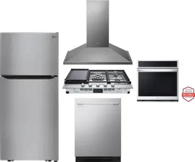 5 Piece Package Includes Refrigerator, Cooktop, Wall Oven, Hood And Dishwasher