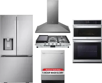 5 Piece Package Includes Refrigerator, Cooktop, Wall Oven, Hood And Dishwasher