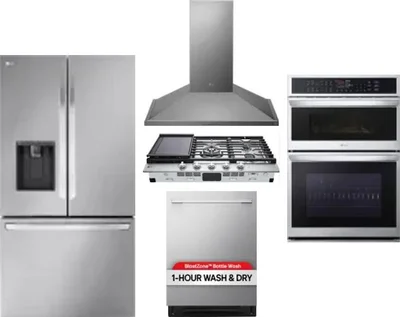 5 Piece Package Includes Refrigerator, Cooktop, Wall Oven, Hood And Dishwasher