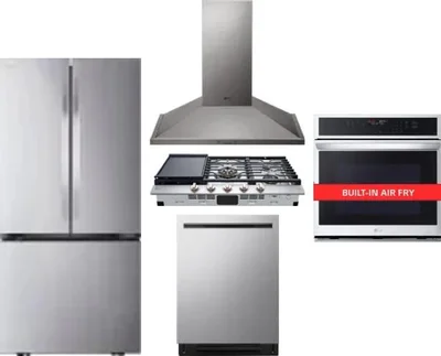 5 Piece Package Includes Refrigerator, Cooktop, Wall Oven, Hood And Dishwasher