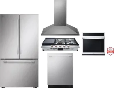 5 Piece Package Includes Refrigerator, Cooktop, Wall Oven, Hood And Dishwasher