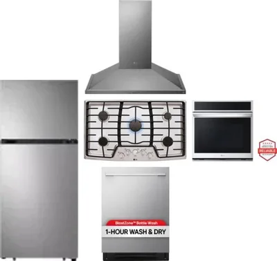 5 Piece Package Includes Refrigerator, Cooktop, Wall Oven, Hood And Dishwasher