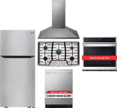 5 Piece Package Includes Refrigerator, Cooktop, Wall Oven, Hood And Dishwasher