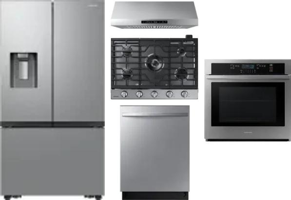 5 Piece Package Includes Refrigerator, Cooktop, Wall Oven, Hood And Dishwasher