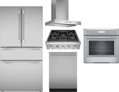 5 Piece Package Includes Refrigerator, Cooktop, Wall Oven, Hood And Dishwasher
