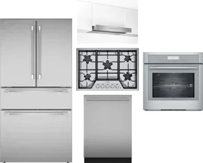 5 Piece Package Includes Refrigerator, Cooktop, Wall Oven, Hood And Dishwasher