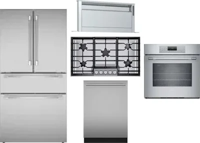 5 Piece Package Includes Refrigerator, Cooktop, Wall Oven, Hood And Dishwasher