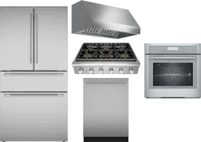 5 Piece Package Includes Refrigerator, Cooktop, Wall Oven, Hood And Dishwasher