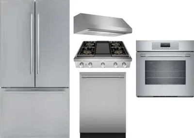 5 Piece Package Includes Refrigerator, Cooktop, Wall Oven, Hood And Dishwasher