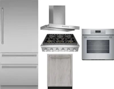 5 Piece Package Includes Refrigerator, Cooktop, Wall Oven, Hood And Dishwasher