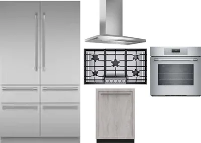 5 Piece Package Includes Refrigerator, Cooktop, Wall Oven, Hood And Dishwasher