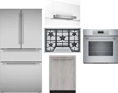 5 Piece Package Includes Refrigerator, Cooktop, Wall Oven, Hood And Dishwasher