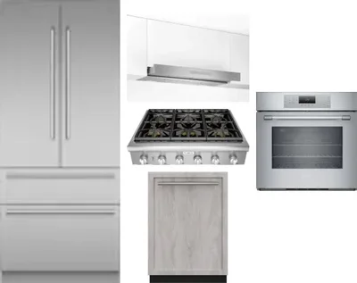 5 Piece Package Includes Refrigerator, Cooktop, Wall Oven, Hood And Dishwasher