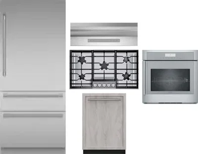 5 Piece Package Includes Refrigerator, Cooktop, Wall Oven, Hood And Dishwasher