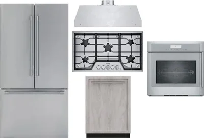 5 Piece Package Includes Refrigerator, Cooktop, Wall Oven, Hood And Dishwasher