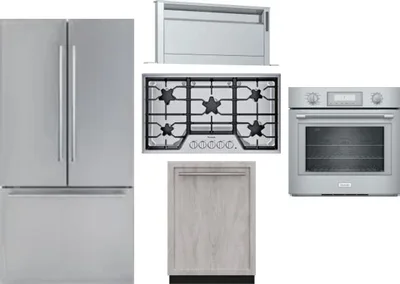 5 Piece Package Includes Refrigerator, Cooktop, Wall Oven, Hood And Dishwasher