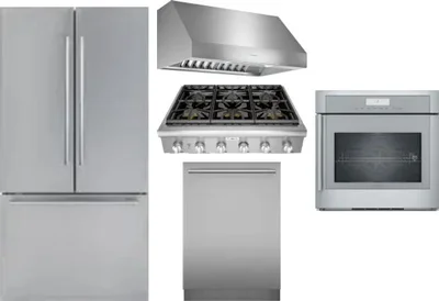 5 Piece Package Includes Refrigerator, Cooktop, Wall Oven, Hood And Dishwasher