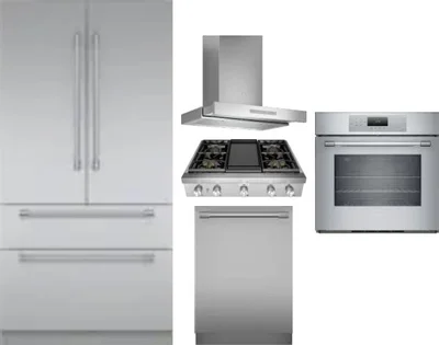 5 Piece Package Includes Refrigerator, Cooktop, Wall Oven, Hood And Dishwasher