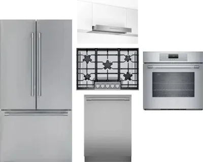 5 Piece Package Includes Refrigerator, Cooktop, Wall Oven, Hood And Dishwasher