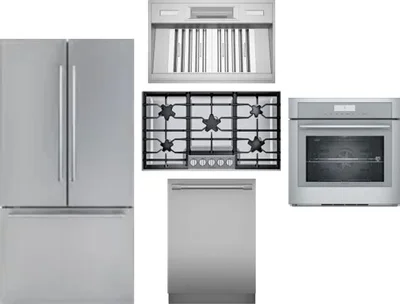 5 Piece Package Includes Refrigerator, Cooktop, Wall Oven, Hood And Dishwasher