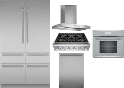 5 Piece Package Includes Refrigerator, Cooktop, Wall Oven, Hood And Dishwasher