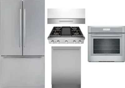 5 Piece Package Includes Refrigerator, Cooktop, Wall Oven, Hood And Dishwasher