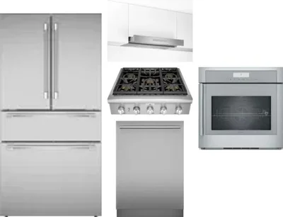 5 Piece Package Includes Refrigerator, Cooktop, Wall Oven, Hood And Dishwasher