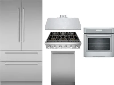5 Piece Package Includes Refrigerator, Cooktop, Wall Oven, Hood And Dishwasher