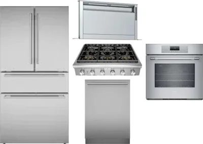 5 Piece Package Includes Refrigerator, Cooktop, Wall Oven, Hood And Dishwasher