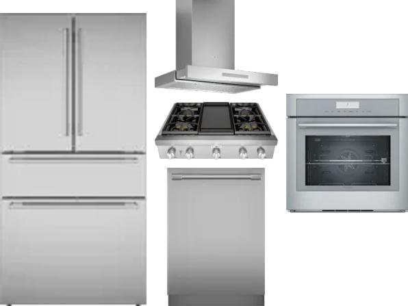 5 Piece Package Includes Refrigerator, Cooktop, Wall Oven, Hood And Dishwasher