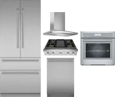 5 Piece Package Includes Refrigerator, Cooktop, Wall Oven, Hood And Dishwasher