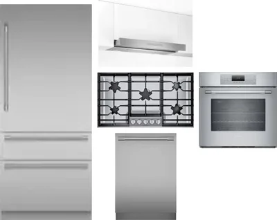 5 Piece Package Includes Refrigerator, Cooktop, Wall Oven, Hood And Dishwasher