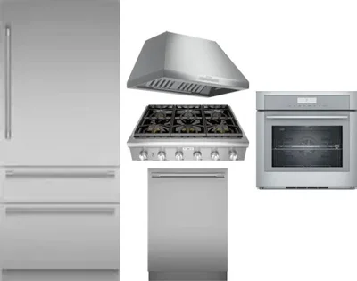 5 Piece Package Includes Refrigerator, Cooktop, Wall Oven, Hood And Dishwasher