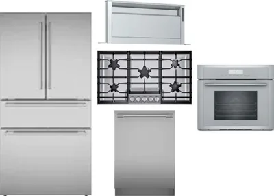 5 Piece Package Includes Refrigerator, Cooktop, Wall Oven, Hood And Dishwasher