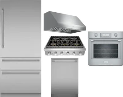 5 Piece Package Includes Refrigerator, Cooktop, Wall Oven, Hood And Dishwasher